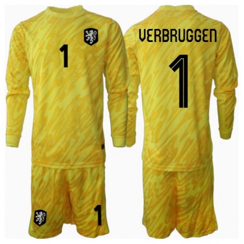 Maglia Calcio Paesi Bassi Bart Verbruggen #1 Portiere Seconda Divisa Bambino Europei 2024 Manica Lunga (+ pantaloncini)
